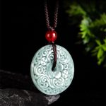 Buddha Stones Green Jade Flower Carved Peace Buckle Abundance Necklace Pendant Necklaces & Pendants BS 2