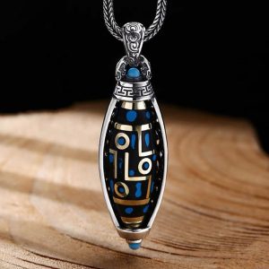 Buddha Stones Tibetan Om Mani Padme Hum Nine-Eye Dzi Bead Pattern Peace Purity Rotatable Necklace Pendant Necklaces & Pendants BS Om Mani Padme Hum