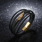 Buddha Stones Feather Pattern Multilayer Leather Titanium Steel Calm Braided Magnetic Buckle Bracelet Bracelet BS 3
