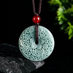 Buddha Stones Green Jade Flower Carved Peace Buckle Abundance Necklace Pendant Necklaces & Pendants BS Jade(Prosperity♥Abundance)