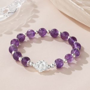 Buddha Stones 925 Sterling Silver Natural Amethyst Lotus Spiritual Bracelet Bracelet BS Amethyst