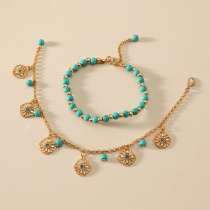 Buddha Stones 2Pcs Turquoise Stone Flower Protection Bracelet Anklet Bracelet BS Turquoise (Purification ♥ Serenity)