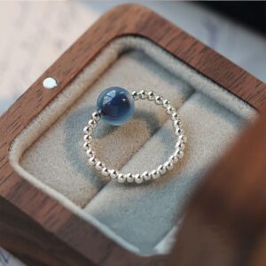 Buddha Stones 925 Sterling Silver Blue Candy Agate Healing Bead Ring Ring BS Inner Diameter 1.7cm(Elastic Rope)/US5-US7