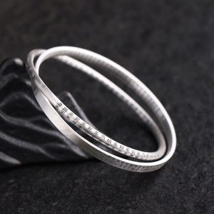 Buddha Stones 999 Sterling Silver Heart Sutra Carved Protection Bracelet Bangle Bracelet Bangle BS 62mm