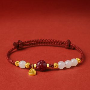 Buddha Stones 24K Gold Plated Hetian White Jade Cinnabar Lotus Luck Rope Bracelet Bracelet BS 13-18cm