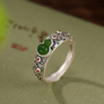 Buddha Stones 925 Sterling Silver Red Agate Cyan Jade Gourd Blessing Auspicious Ring Ring BS Cyan Jade(Success♥Healing)