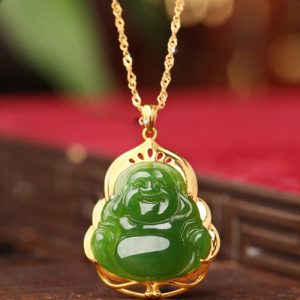 Buddha Stones 925 Sterling Silver Natural Hetian Cyan Jade Laughing Buddha 18K Gold Healing Necklace Chain Pendant Necklaces & Pendants BS Hetian Cyan Jade (Success ♥ Healing)