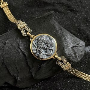 Buddha Stones Tibetan 925 Sterling Silver Zakiram Goddess of Wealth Blessing Protection Bracelet Bracelet BS 925 Sterling Silver-Gold(Wrist Circumference 15-19cm)