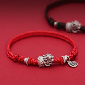Buddha Stones 925 Sterling Silver PiXiu Fu Character Wealth Luck Handmade Braided Bracelet Bracelet BS main
