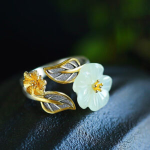 Buddha Stones 925 Silver Plated Copper White Jade Plum Flower Leaf Luck Ring Rings BS main