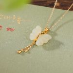 Buddha Stones 925 Sterling Silver Plated Gold Hetian White Jade Butterfly Blessing Necklace Pendant Necklaces & Pendants BS Gold