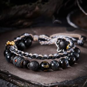 Buddha Stones 925 Sterling Silver Lava Rock Eagle's Eye Stone Lucky Beads Handmade Healing Bracelet Bracelet BS 19cm fit for Wrist Circumference 17cm