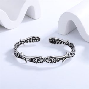 Buddha Stones Angel Wings Feather Pattern Carved Luck Cuff Bracelet Bangle Bracelet Bangle BS Silver Angel Wings