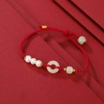 Buddha Stones 925 Sterling Silver Plated Gold Hetian Jade Peace Buckle Pearl Luck Bracelet Bracelet BS Dark Red Rope(Wrist Circumference 14-16cm)