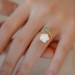Buddha Stones 14K Gold Plated Tridacna Stone Rose Flower Jade Bead Blessing Ring Ring BS 2