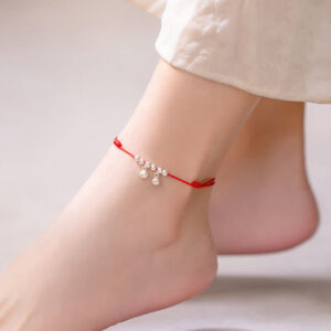 Buddhastoneshop 925 Sterling Silver Red String Braid Bell Charm Anklet