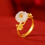 Buddha Stones 925 Sterling Silver Plated Gold Hetian Jade  Plum Blossom Luck Necklace Pendant Bracelet Bangle Ring Bracelet Necklaces & Pendants BS Ring(Inner Perimeter 54-60mm)
