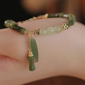 Buddha Stones Jade Bamboo Leaf Lily Of The Valley Pattern Luck Abundance Bracelet Bracelet BS Green Bamboo Leaf(Wrist Circumference 15-19cm)