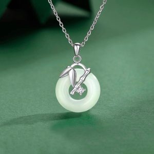 Buddha Stones 925 Sterling Silver Hetian Jade Bamboo Leaf Peace Buckle Prosperity Necklace Pendant Necklaces & Pendants BS Hetian Jade(Prosperity♥Abundance)