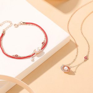 Buddha Stones 925 Sterling Silver Pearl Ingots Copper Coins Healing Necklace Pendant Red Rope Bracelet Set Bracelet Necklaces & Pendants BS 2Pcs(Necklace&Bracelet)