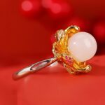 Buddha Stones 925 Sterling Silver White Jade Cyan Jade Lotus Flower Success Ring Ring BS 3