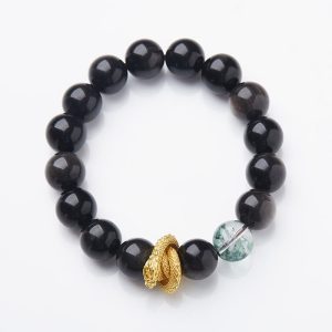 Buddha Stones Natural Silver Sheen Obsidian Dragon Green Phantom Protection Bracelet Bracelet BS Silver Sheen Obsidian(Wrist Circumference 14-16cm)