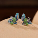 Buddha Stones 925 Sterling Silver Plated Gold Natural Cyan Jade Butterfly Luck Healing Earrings Earrings BS Silver Blue Butterfly