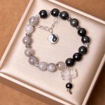 Buddha Stones Silver Sheen Obsidian Crackle Clear Quartz Black Rutilated Quartz Yin Yang Lotus Protection Bracelet Bracelet BS 13