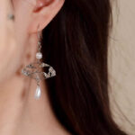 Buddha Stones Copper Fan Auspicious Clouds Pearl Healing Drop Earrings 7