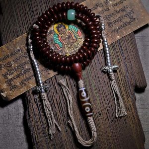 Buddha Stones Natural Tibet 108 Mala Beads Purple Bodhi Seed Three-eyed Dzi Bead Copper Dorje Harmony Bracelet Mala Bracelet BS Purple Bodhi Seed Three-eyed Dzi Bead Copper Dorje 11mm