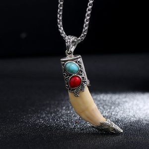 Buddha Stones Imitation Wolf Tooth Titanium Steel Balance Necklace Pendant Necklaces & Pendants BS Turquoise&Imitation Wolf Tooth