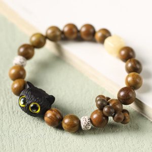 Buddha Stones Green Sandalwood Ebony Wood Cat Peace Soothing Bracelet Bracelet BS Green Sandalwood(Cure♥Positive)(Wrist Circumference 14-17cm)