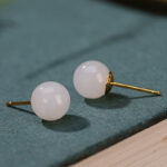 Buddha Stones 925 Sterling Silver Round White Jade Blessing Stud Earrings Earrings BS 11