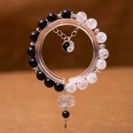 Buddha Stones Silver Sheen Obsidian Crackle Clear Quartz Black Rutilated Quartz Yin Yang Lotus Protection Bracelet Bracelet BS 7