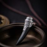 Buddha Stones 925 Sterling Silver Black Obsidian Wolf Tooth Pattern Strength Necklace Pendant Necklaces & Pendants BS 4
