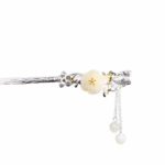 Buddha Stones 925 Sterling Silver Hetian White Jade Flower Blessing Hairpin Decorations BS 18