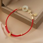 Buddha Stones 18K Gold Plated Hetian Jade Peace Buckle Fu Character Luck Red Rope Bracelet Bracelet BS 3
