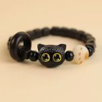 Buddha Stones Cute Ebony Wood Cat Head Pattern Peace Bracelet Bracelet BS Ebony Cat Bodhi Seed(Wrist Circumference 14-16cm)