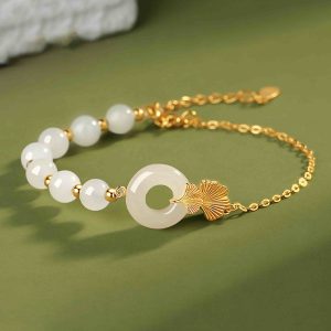 Buddha Stones 925 Sterling Silver Hetian White Jade Peace Buckle Ginkgo Leaf Luck Bracelet Bracelet BS Hetian White Jade(Protection♥Blessing)
