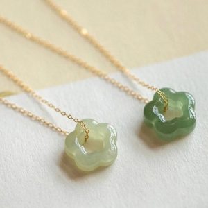Buddha Stones Dainty Hetian Jade Cyan Jade Luck Floral Charm Necklace Pendant Necklaces & Pendants BS main