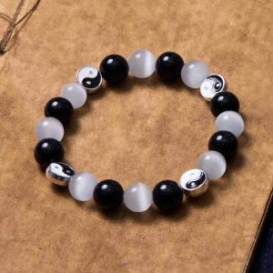 Buddha Stones Black Obsidian Cat's Eye Yin Yang Purification Strength Bracelet Bracelet BS Black Obsidian&Cat's Eye(Wrist Circumference 14-15cm)