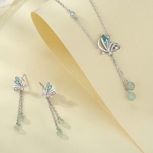 Buddha Stones 925 Sterling Silver Natural Green Aventurine Butterfly Luck Necklace Pendant Earrings Set Bracelet Necklaces & Pendants BS 2Pcs(Necklace&Earrings)