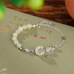 Buddha Stones 925 Sterling Silver Hetian Jade Peace Buckle Lotus Luck Chain Bracelet Bracelet BS 925 Sterling Silver(Wrist Circumference 14-17cm)