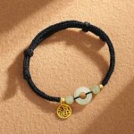 Buddha Stones 925 Sterling Silver Hetian Jade Peace Buckle Fu Character Charm Abundance Bracelet Bracelet BS Black Rope(Wrist Circumference 14-16cm)
