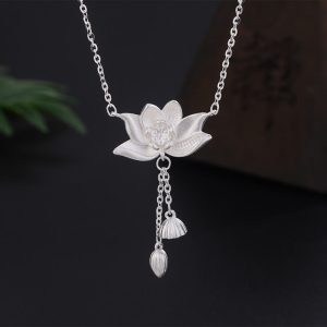 Buddha Stones 999 Sterling Silver Lotus Flower Pod Carved Enlightenment Necklace Pendant Necklaces & Pendants BS 999 Sterling Silver