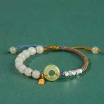 Buddha Stones 925 Sterling Silver Hetian Jade Peace Buckle Beaded Luck Happiness Charm Bracelet Bracelet BS Brown