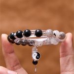Buddha Stones Silver Sheen Obsidian Crackle Clear Quartz Black Rutilated Quartz Yin Yang Lotus Protection Bracelet Bracelet BS 21