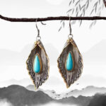 Buddha Stones 925 Sterling Silver Turquoise Bodhi Leaf Pattern Protection Drop Dangle Earrings Earrings BS 13