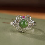 Buddha Stones 925 Sterling Silver Natural Hetian Cyan Jade Hollow Design Luck Ring Earrings Set Bracelet Necklaces & Pendants BS 3