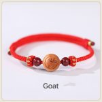 Buddha Stones Natural Peach Wood Chinese Zodiac Fu Character Carved Cinnabar Wealth Bracelet Bracelet BS Goat-Red(Wrist Circumference 14-22cm)